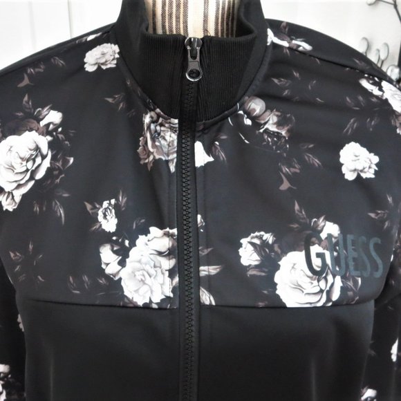 GUESS Black Grey White Rose Print Full Front Zip Track Jacket S Small - Picture 3 of 13